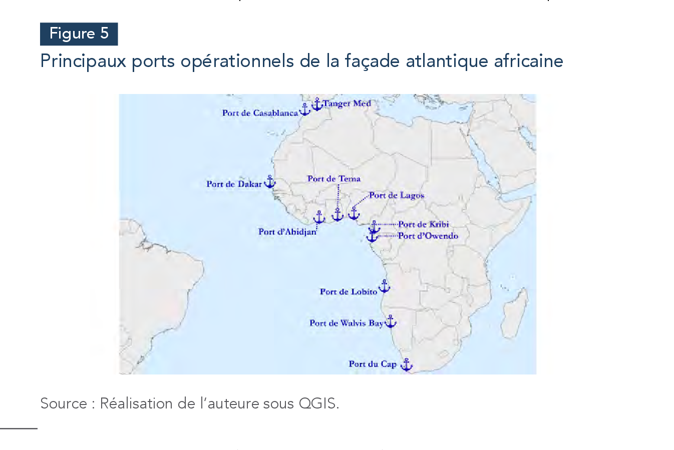 Figure 5 — Principaux ports opérationnels de la façade atlantique africaine. Source : Réalisation de l'auteure sous QGIS.